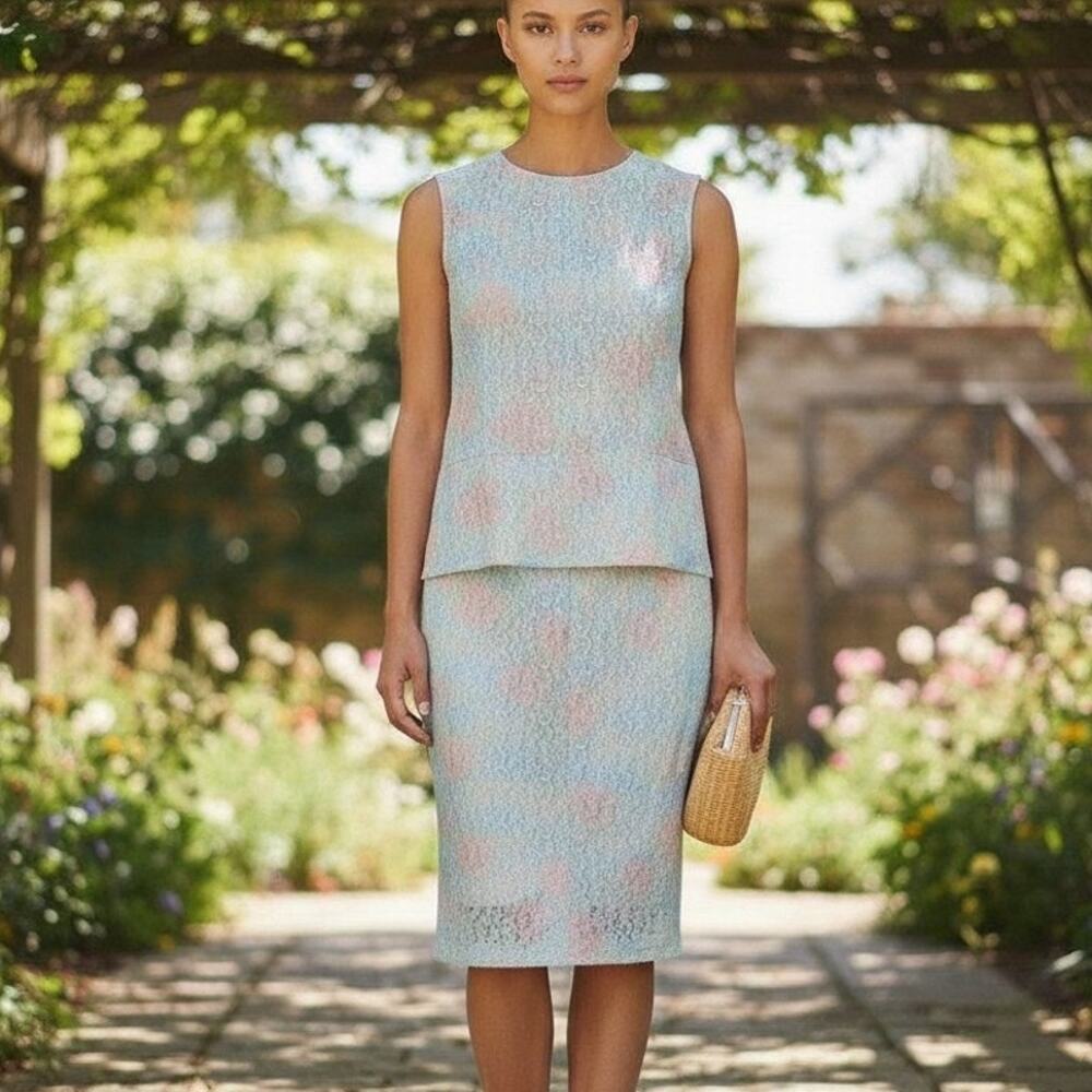 Diane Freis Silk Pastel Floral Skirt Suit Sz S Beaded Lined Lacey Vintage